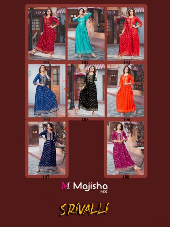 Majisha Nx Srivalli Heavy Festive Wear Rayon Printed Anarkali Long Kurti Collection